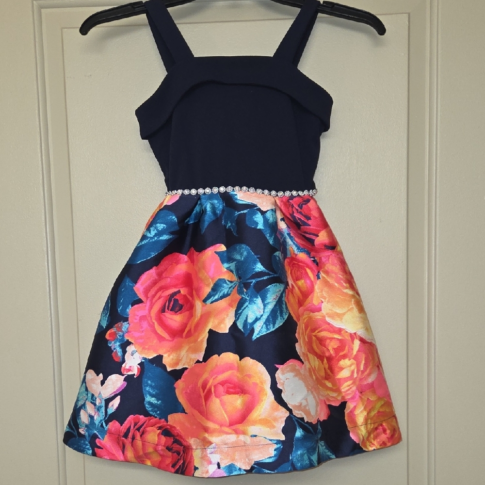 Speechless Navy and Pink Floral Kids Dress